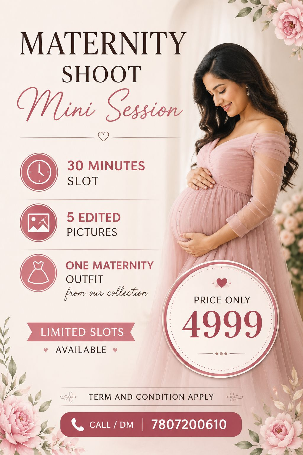 Pregnant woman in pink dress holding belly, text reads Maternity Shoot Mini Session