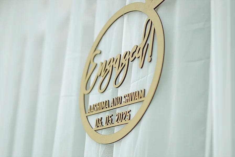 Engaged sign with date. Aashima and Shivam, 04.05.2025. Engagement announcement