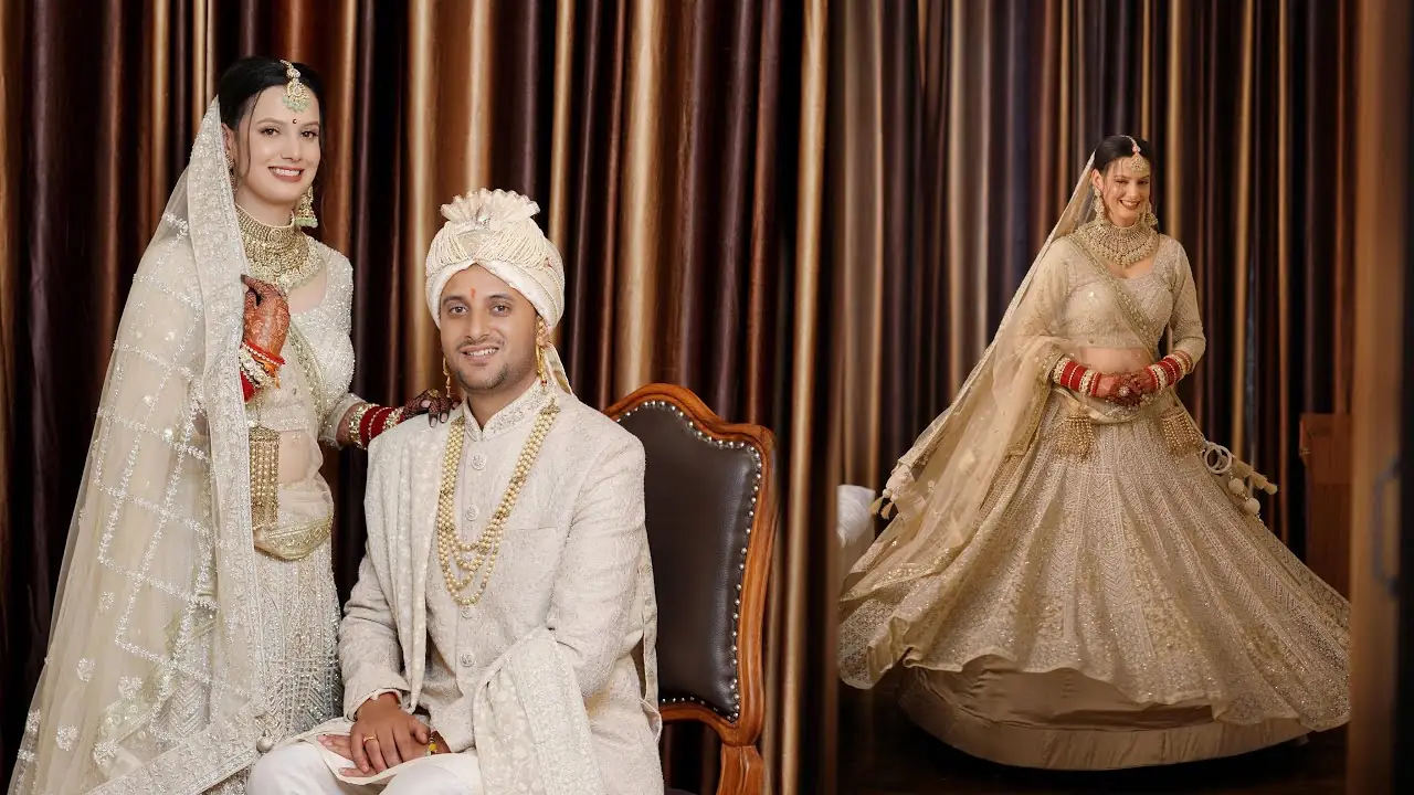 YouTube wedding video thumbnail featuring couple in cinematic pose